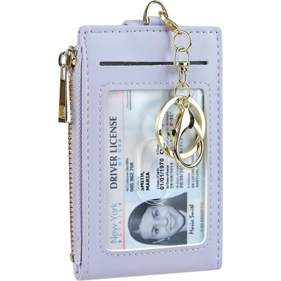 RFID blocking leather card holder slim zipper keychain wallet with ID window - Picture 8 of 8